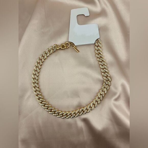 Gold-Tone Cuban Link Chain Necklace with Rhinestones - Picture 1 of 10